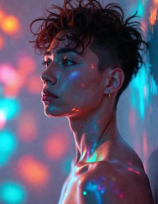 The primary subject of the image is a man with curly hair, who is looking at the camera. He is wearing a necklace and has a tattoo on his neck. The setting is a room with a colorful backdrop, which adds a vibrant and lively atmosphere to the scene. The visual style of the image is a close-up portrait, capturing the man's facial expression and details of his appearance. The colors and mood of the image are predominantly bright and energetic,